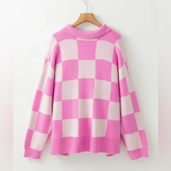 Pink Checkered Drop Shoulder Collared Sweater size Small - Picture 6 of 8